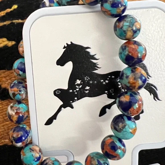 ❤️ Turquoise Spiny Oyster Lapis Composite Stretch Bracelet 12mm Sz 7 Adjustable - Picture 9 of 10